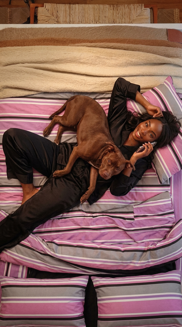Relaxing with a dog on pink, purple and grey striped bedding